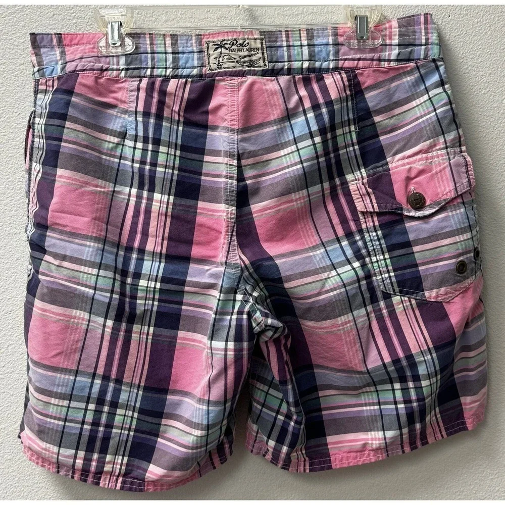 Polo Ralph Lauren Mens Swim Trunks Pink Purple Plaid Board Shorts 32 Inseam 7
